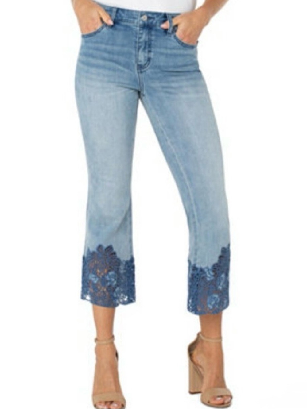Liverpool Hannah Crop Flare Jeans indigo Crochet Hem sz 14